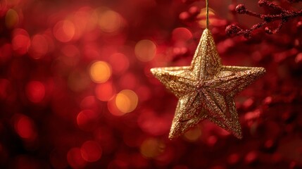 Wall Mural - Golden christmas gift and festive tree with sparkling star decoration on red background, featuring warm holiday glow and glittering bokeh lights symbolizing the joyful spirit of december winter celebr