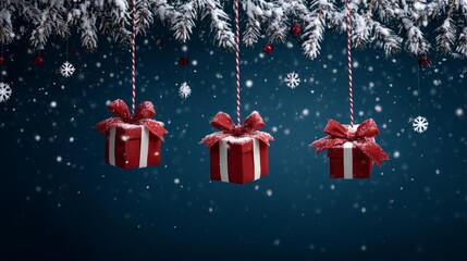 Wall Mural - Festive Red and White Gift Boxes Hanging from a Snowy Garland with Elegant Bows Against a Dark Blue Winter Background, Featuring Falling Snowflakes and Holiday Decorations for a Cozy Christmas Atmosph