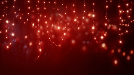 Wall Mural - Red christmas background with glowing fairy lights creating a warm festive atmosphere, featuring soft bokeh illumination and holiday sparkle for seasonal greeting cards, elegant winter decorations, an