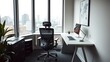 © XIN KONG - A modern workspace with an ergonomic chair and minimalist desk, overlooking a cityscape.