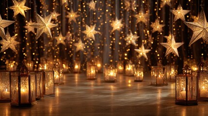 Wall Mural - Wide christmas decoration banner background featuring elegant gold glowing star lanterns illuminating the floor, creating a warm festive ambiance with soft light reflections and holiday charm for seas