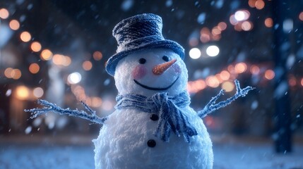 Wall Mural - Magical winter night scene with a glowing snowman radiating warm light in the snow, surrounded by sparkling frost, twinkling stars, and peaceful winter ambiance under a clear midnight sky, capturing t
