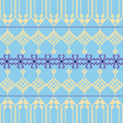  Blue-Purple Tone Traditional Embroidery Art Abstract with Pixel Art Designs for Textile Print