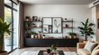 © XIN KONG - A modern living room interior with a decorative shelf of plants.