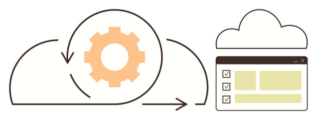 Gear icon within cloud denoting automation, supported by a browser interface with checklists. Ideal for productivity, technology, cloud computing, automation, process integration, digital