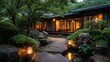 © Agna - Stone path leads to a tranquil home amidst lush greenery, glowing lights creating a serene dusk scene