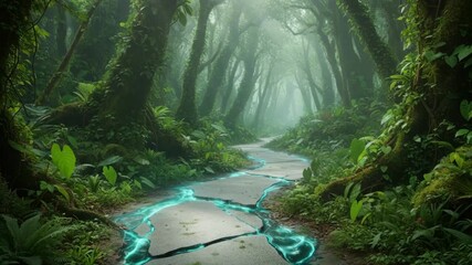 Wall Mural - Medium shot of a selfhealing forest path seamlessly repairing cracks with advanced biocompound technology surrounded by vibrant green foliage under soft daylight.