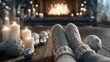 © imagemir - Cozy winter scene with a person’s feet in knitted socks by a crackling fireplace, surrounded by candles and decorative baubles.