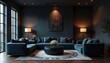 © Pete - Elegant interior photo of a living room features dark blue walls and modern furniture. The room has a sofa round table lamps flowers and large windows. This design creates a cozy atmosphere.