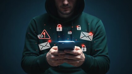 A hooded man holding a smartphone surrounded by lock and warning icons highlighting scam alert warning, fraud alert, and email spam risks