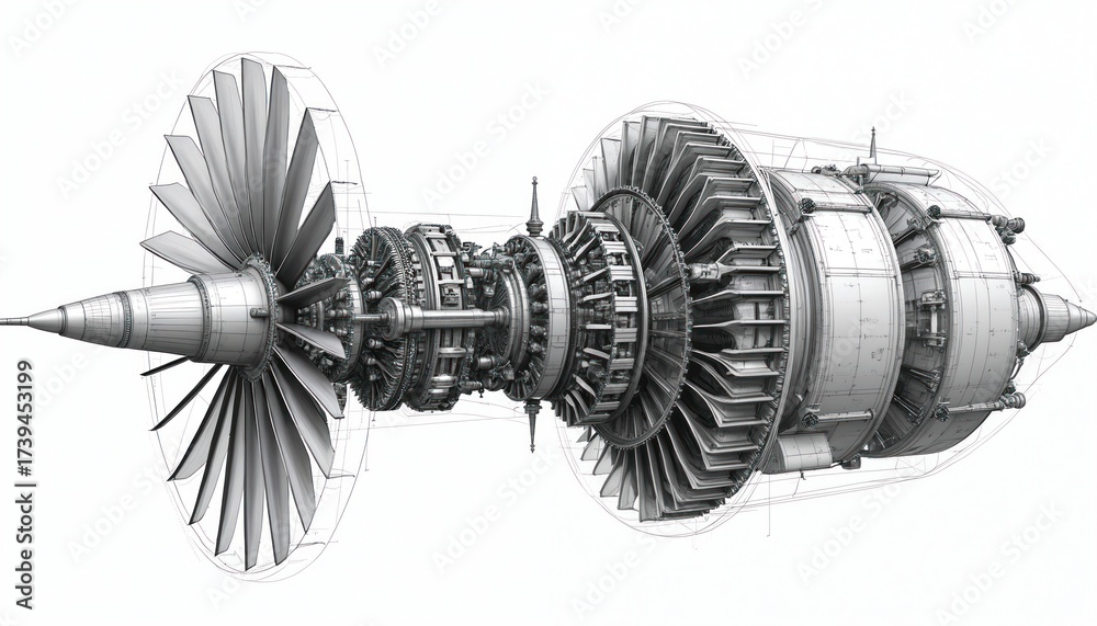 Detailed technical drawing shows jet engine internal structure. Fan ...