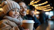© syhin_stas - father with child drinking festive latte in festively decorated coffee shop, cozy winter atmosphere, copy space