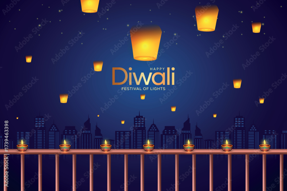 Happy Diwali greeting design with oil lamps lit on a balcony railing ...
