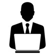© teracreonte - Logo hombre de negocios. Icono con silueta de hombre con traje y corbata trabajando online con ordenador portatil