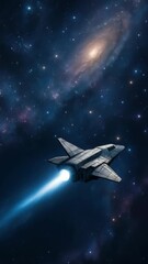Wall Mural - A spaceship travels through a starry galaxy, viewed from a low angle. The video concept captures the vastness and mystery of space exploration. Live mobile wallpaper.