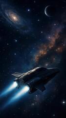 Wall Mural - A spaceship travels through a starry galaxy, viewed from a rear angle. The cosmic scene is reminiscent of a sci-fi video game or movie. Live mobile wallpaper.