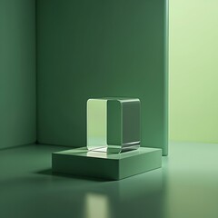 Transparent cube object sits on green platform. Abstract geometric shapes create minimalist background with gradient lighting. Modern 3D render composition for product display or clean design.