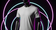 © Miya - studio shot of a plain oversized t-shirt on a mannequin headless torso, background with dual-tone neon lights (blue and magenta)