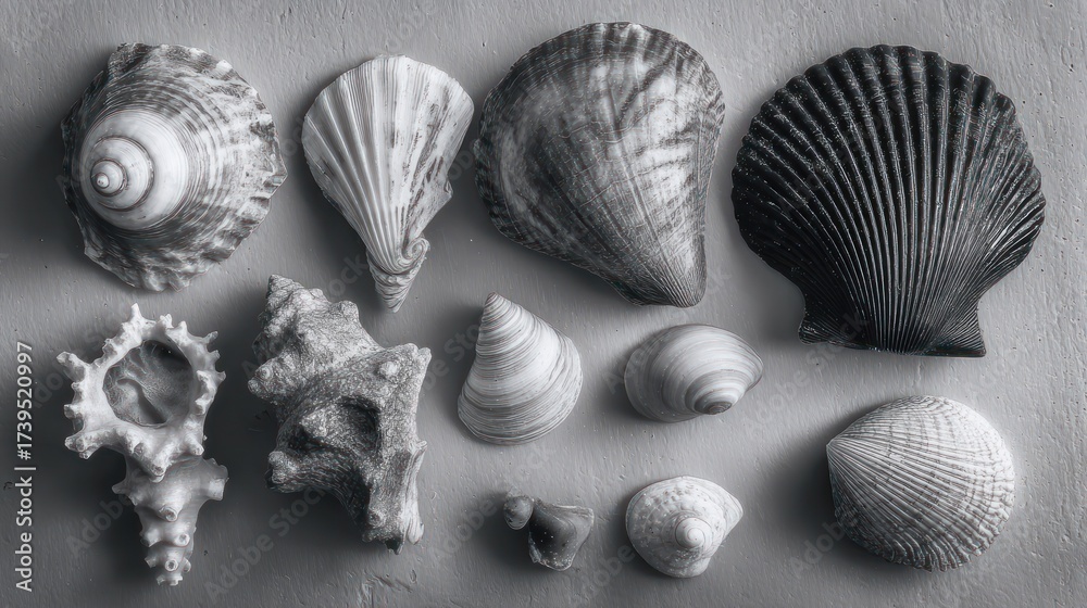 Variety of seashells, textures, shapes, and sizes arranged on a surface ...