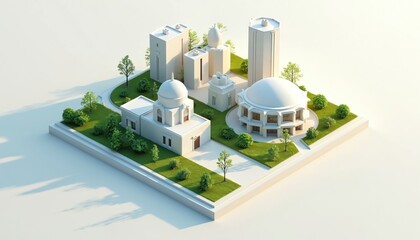Clean isometric cityscape with modern buildings and green spaces. Architectural illustration presents urban scene with skyscrapers and domes. Geometric town layout on white background.