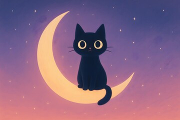 playful black cat sits on a glowing crescent moon in a starry dusk sky, minimal dreamy illustration 