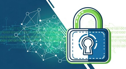 Digital security concept featuring a padlock, network connections and binary code visualization