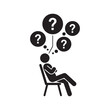 © Journey - Pondering Stick Figure Icon, Person Sitting and Thinking with Question Marks, a Symbol of Confusion, Doubt, and Decision Making.