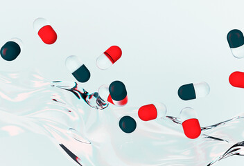 Wall Mural - 3D illustration depicts a splash of water with floating pills in red and black colors against a light background, featuring smooth, glossy surfaces, and an abstract, dynamic composition.