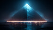 © MYKHAILO KUSHEI - A large, pyramidal structure with a glowing light near its apex rests on a wet, reflective surface. The ambience is dark, mysterious, and has a futuristic aesthetic.