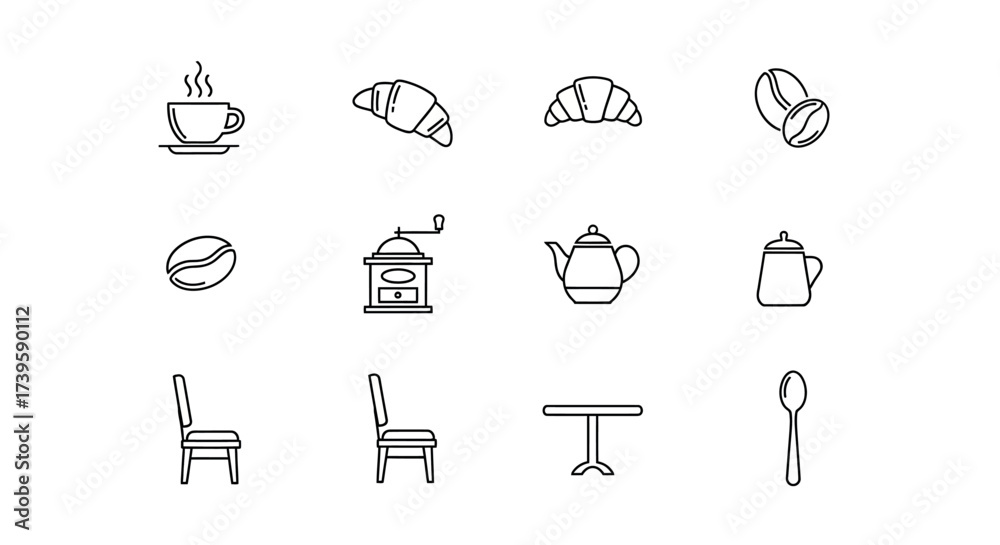 Hand-drawn coffee shop icon set featuring coffee beans croissants ...