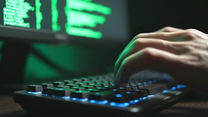 Close-up of a hacker's hands typing on a backlit keyboard with green code on a screen in a dark room