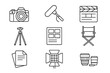 © Tanya - Indie Filmmaking Icons. Line style icons of indie filmmaking essentials: digital camera, boom mic, clapperboard, tripod,