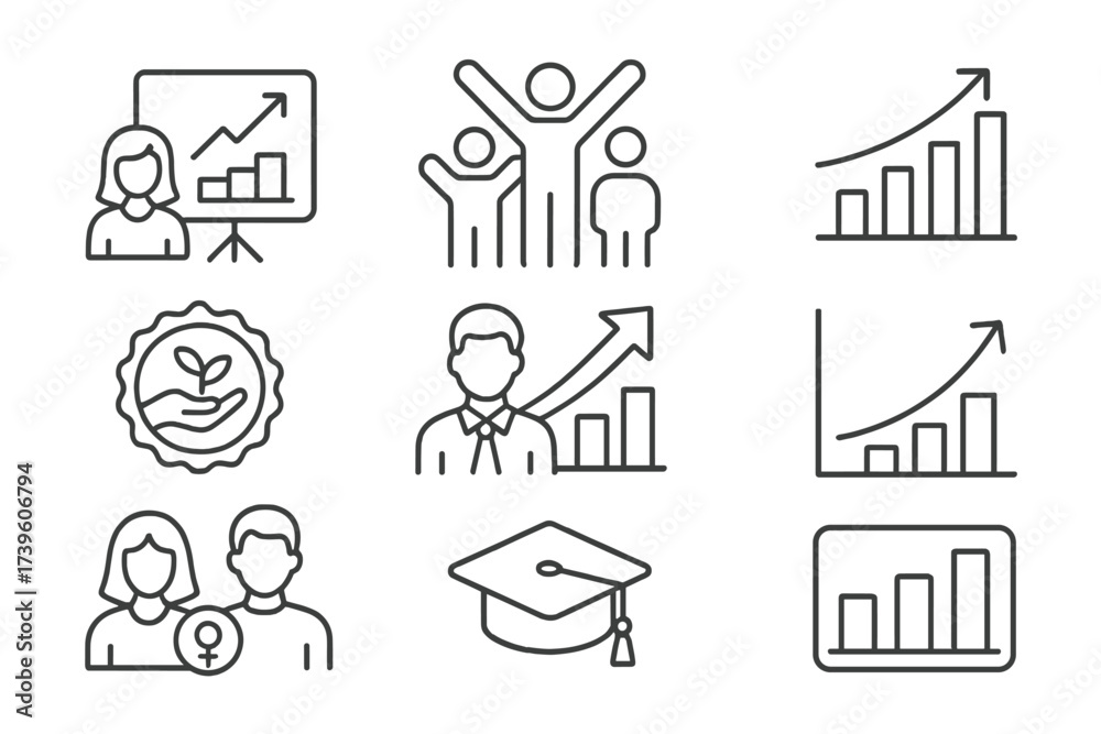 Microfinance Impact Icons. Line style icons of impact tracking in ...