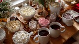 Hot chocolate bar with various toppings and warm drinks during winter gathering