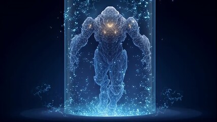 Futuristic humanoid robot emerges from digital container, showcasing intricate wireframe design with glowing blue elements