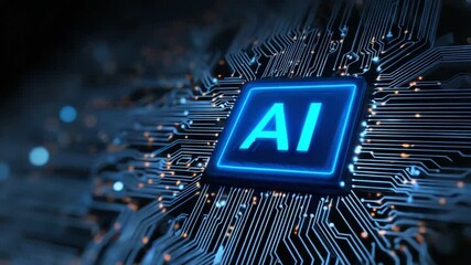 A close-up view of a circuit board featuring an illuminated AI symbol. This image represents the advanced developments in artificial intelligence and technology.