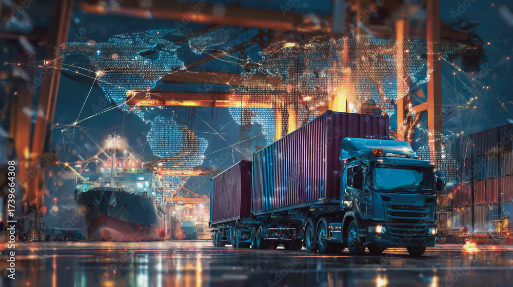 Double exposure of Twilight view of Container truck in ship port for ...