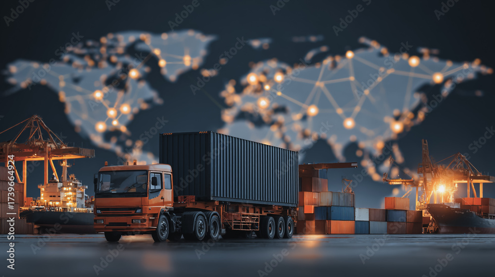 Double exposure of Twilight view of Container truck in ship port for ...