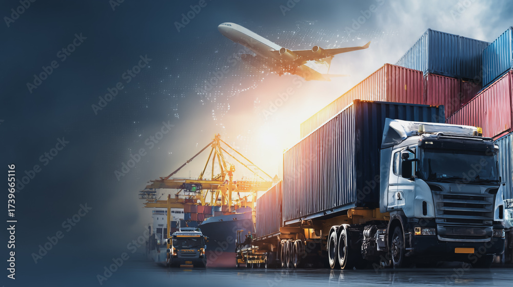 Double exposure of Twilight view of Container truck in ship port for ...