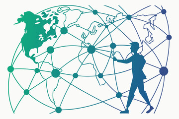 Wall Mural - A man walks near a global network of lines and dots design