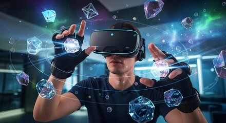 Man wearing VR headset interacting with virtual objects in a digital environment.