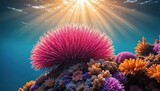 Vibrant pink sea anemone and colorful coral reef illuminated by bright sun rays underwater, showcasing marine life beauty and clear ocean depths
