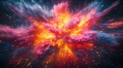 Wall Mural - Explosive clouds of pink, blue, gold dust against dark starry backdrop