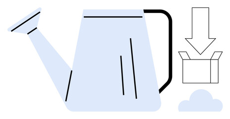 Watering can pointing to download arrow, cloud, and box. Ideal for growth, environment, cloud solutions, development, gardening apps SaaS tools sustainability. Simple flat metaphor
