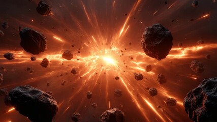 Wall Mural - Asteroid field glowing fiery explosion space dynamic cosmic scene bright light floating rocks intense energy motion glowing orange beams dark cosmic environment dramatic intense atmosphere scattered