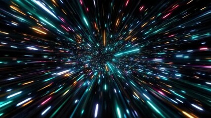 Wall Mural - Colorful light streak tunnel with dynamic motion and glowing particles in vibrant blue hues creating futuristic space speed effect and energetic abstract background blur
