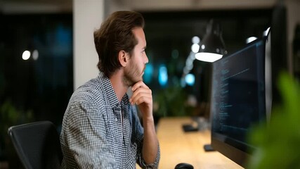 Software developer analyzing code on wide computer screen, modern office setup with lamp and wooden desk software developer, programming, computer screen code, modern office