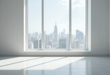 Bright empty modern interior space with large windows overlooking city skyline during daylight