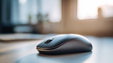 Wireless Computer Mouse: A sleek wireless computer mouse rests on a minimalist desk, embodying modern design and efficient functionality, illuminated by the warm light of the sun.