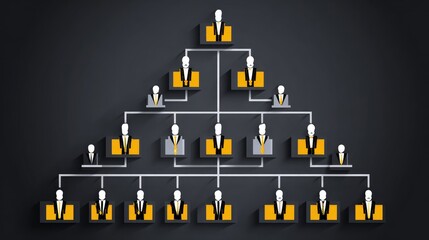 Hierarchical Organizational Chart with Abstract Figures and Yellow Elements on Dark Background for Business Presentations